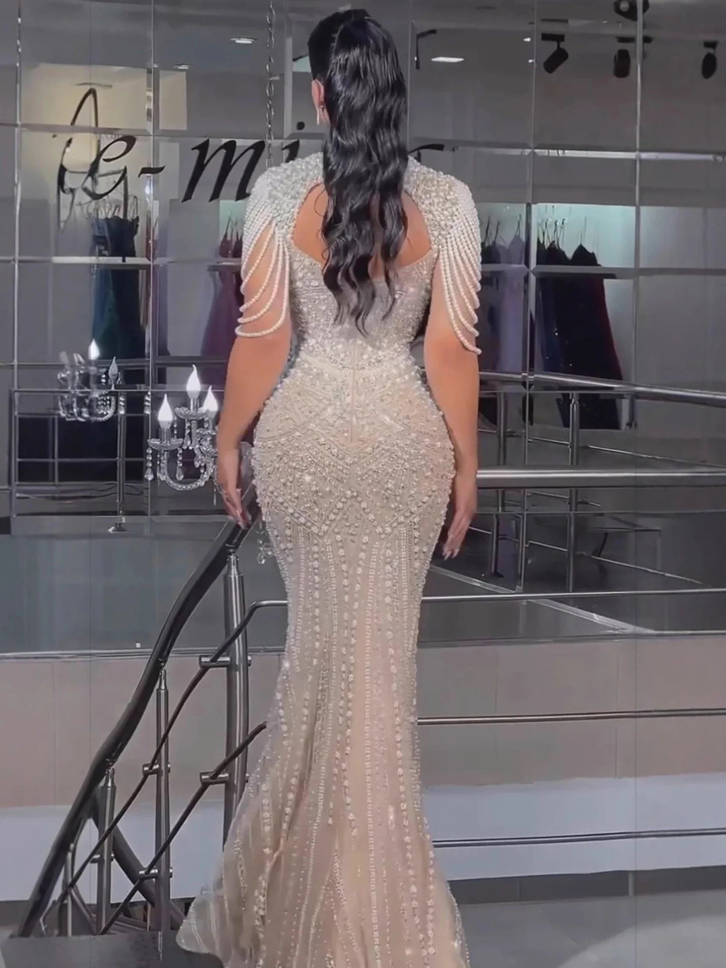 Luxury Nude Pearls Beaded Mermaid Evening Dress LA73199