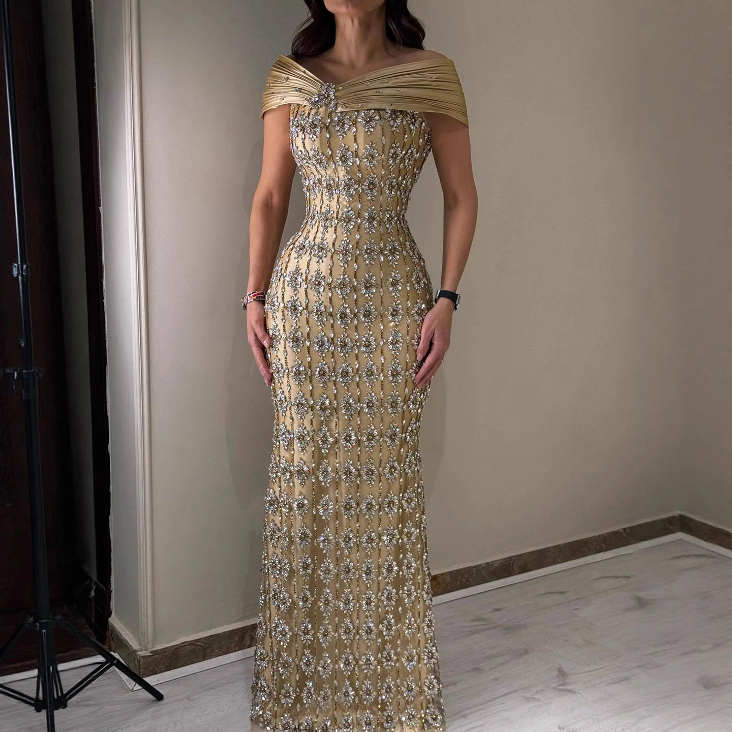 Luxury Gold Arabic Ruffles Evening Dress LA73362