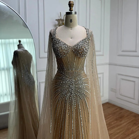 Luxury Nude Beaded Evening Dress with Cape Sleeves LA72575C