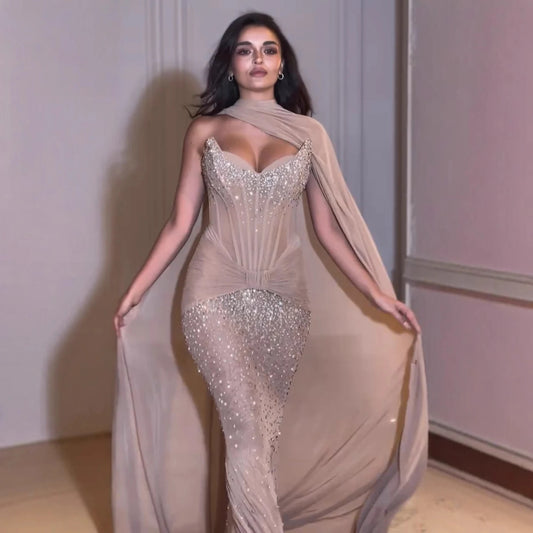 Luxuriöses arabisches Abendkleid mit nudefarbenem, perlenbesetztem Korsett LA73343