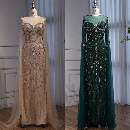 Luxury Green Beaded Mermaid Dress with Cape Sleeves LA73115