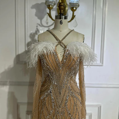 Luxury Dubai   Blue Feather Beaded Luxury Mermaid Evening Dresses Gowns for Women Formal Occasion LA72836
