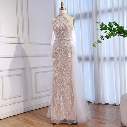 Luxury Lace Pearls Halter Mermaid Evening Dress With Glove White Nude LA72345F