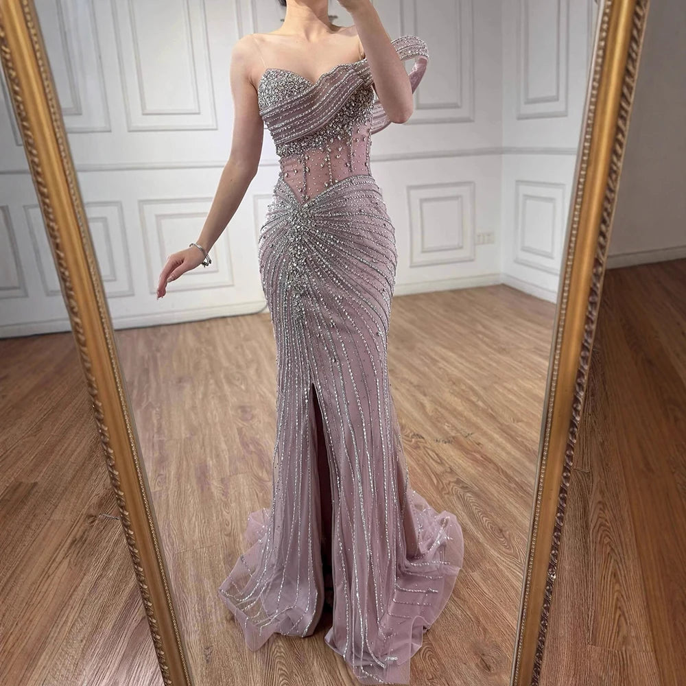 Luxury Pink Crystal One Shoulder Beaded Evening Dress Split LA73197