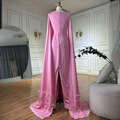 Luxury Arabic Pink Mermaid Evening Dress with Feather Cape LA72855