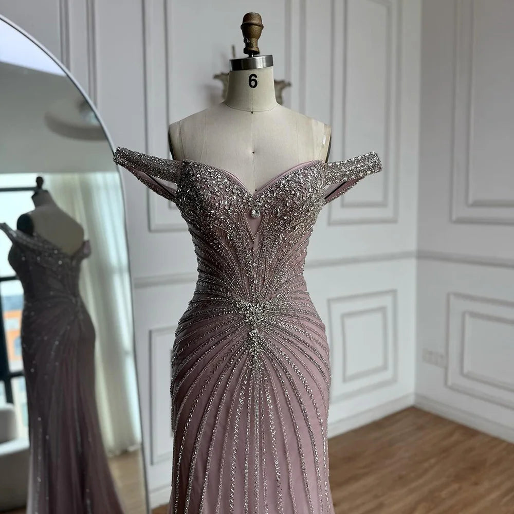Luxury Nude Arabic Crystal Beaded Mermaid Off Shoulder Evening Dress LA73128