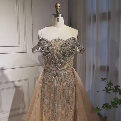 Luxury Beaded Nude Off Shoulder Mermaid Evening Dress LA73392