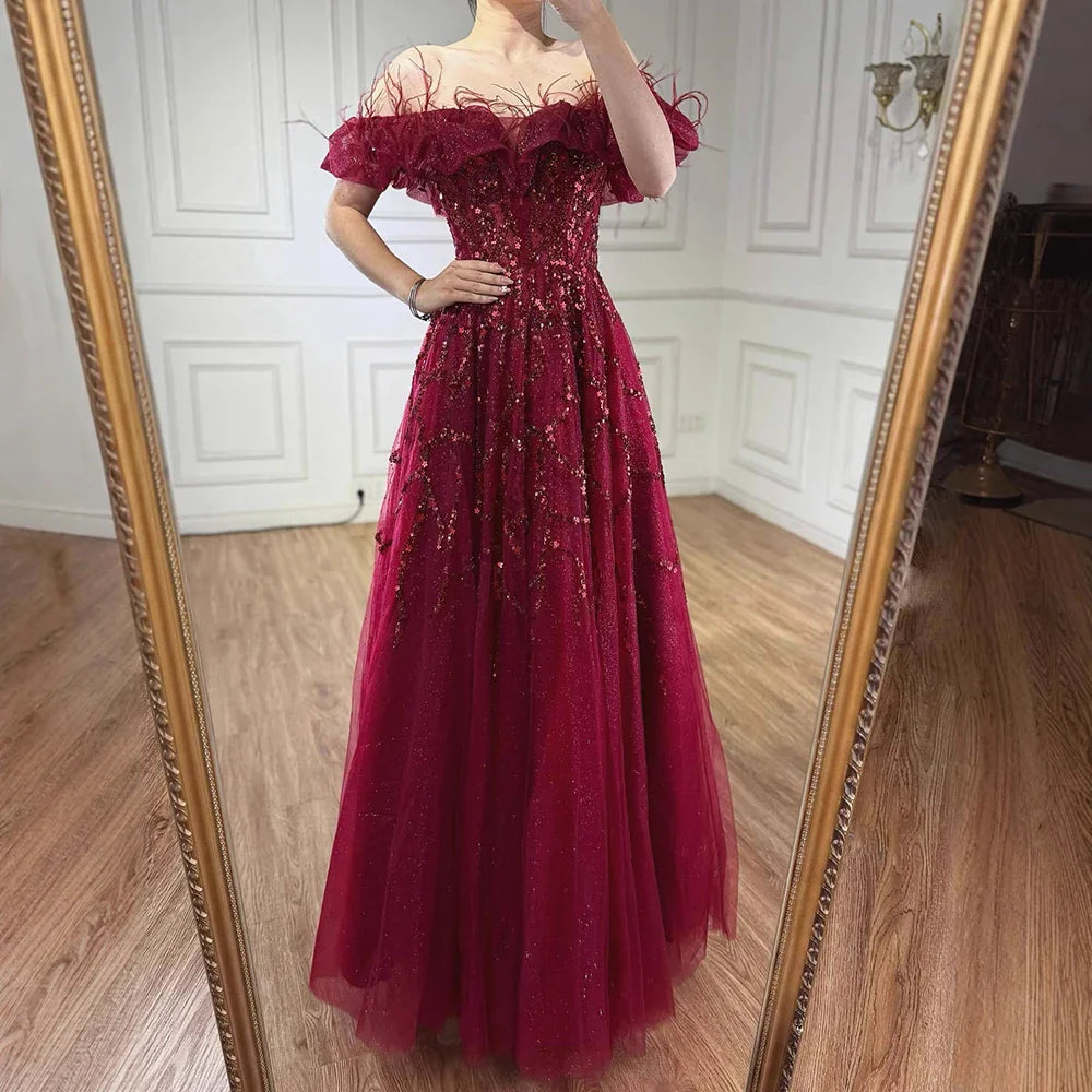 Luxury Turquoise Beaded Feather A Line Evening Dress LA71328