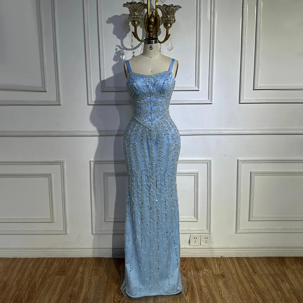 Luxury Arabic Blue Spaghetti Strap Mermaid Evening Dress Beaded LA72725