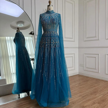 Luxury Arabic Blue Beaded Evening Dress with Cape Sleeves LA73187