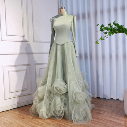 Luxury Sage Green Modest Muslim 3D Flower A-Line Evening Dress LA72913B