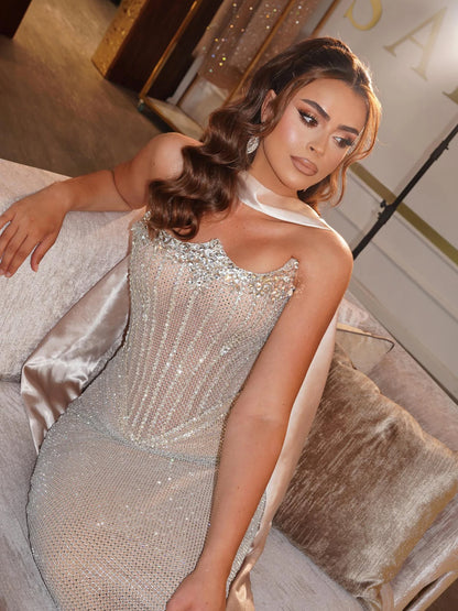 Luxury Nude Crystal Beaded Mermaid Evening Dress with Long Gloves LA73422