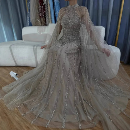 Luxury Caramel A-Line Cape Sleeve Beaded Evening Dress LA72306B