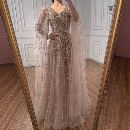 Luxury Nude Beaded Evening Dress with Cape Sleeves for Formal Occasion LA72764A