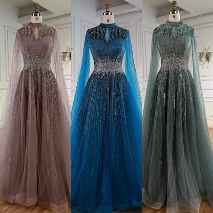 Luxury Modest Blue Beaded Evening Dress with Cape LA73059