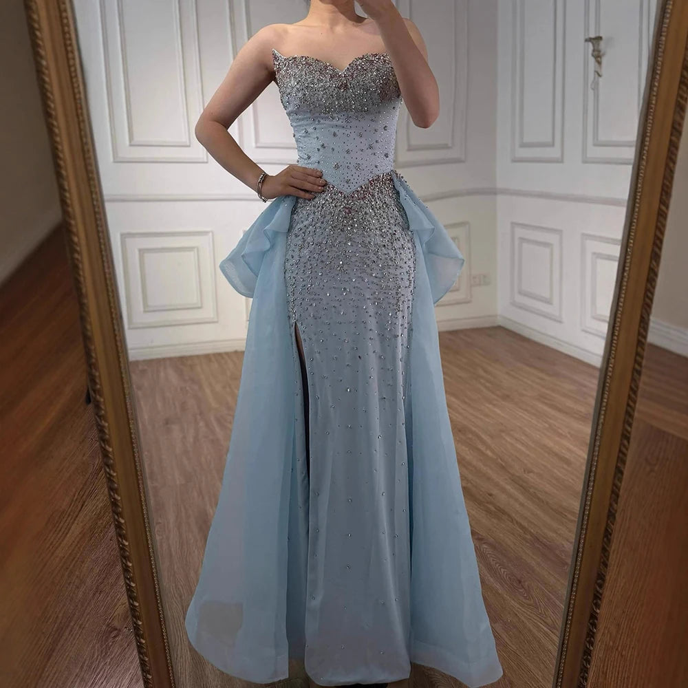 Luxury Blue Crystal Beaded Mermaid Evening Dress with Overskirt LA73145