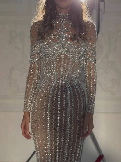 Luxury Nude Crystal Beaded Mermaid Evening Dress LA73391