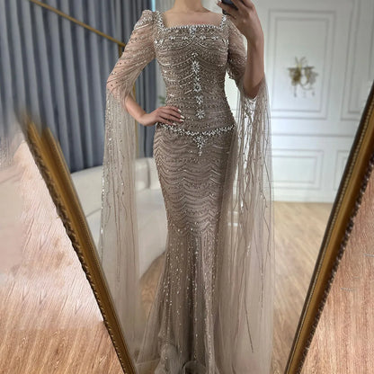 Luxury Beaded Caramel Evening Dress with Cape Sleeve LA72604