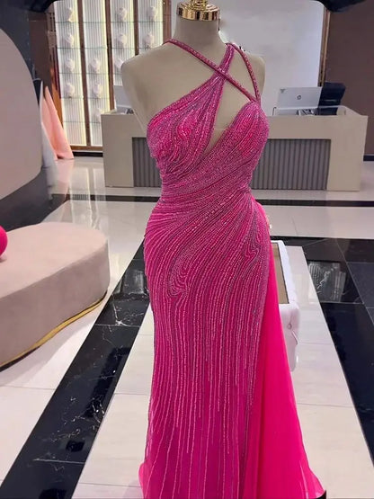 Fuchsia One Shoulder Beaded Mermaid Evening Dress with Overskirt LA73105