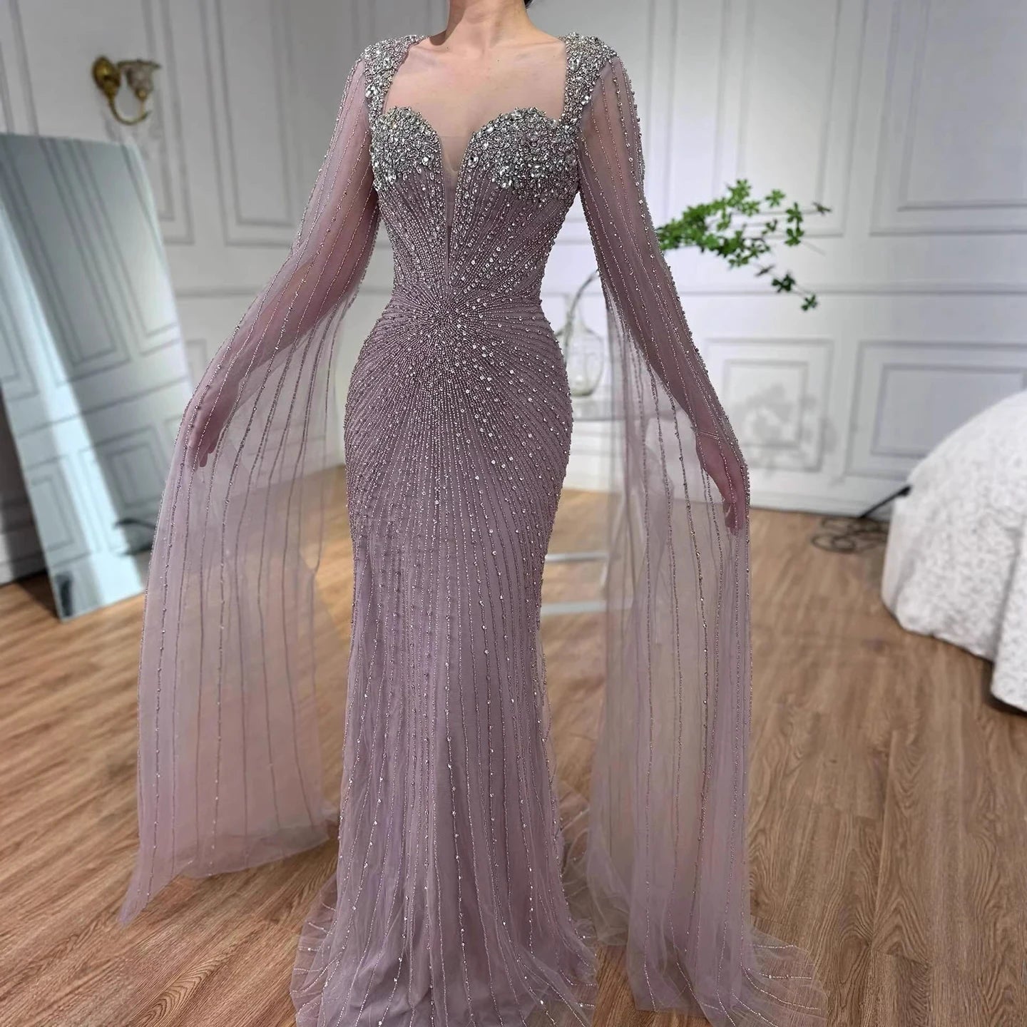 Luxury Caramel Crystal Beaded Mermaid Evening Dress with Cape LA72575D