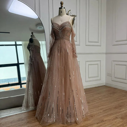 Luxury Caramel Crystal Beaded Strapless Long Sleeve Mermaid Evening Dress LA73130