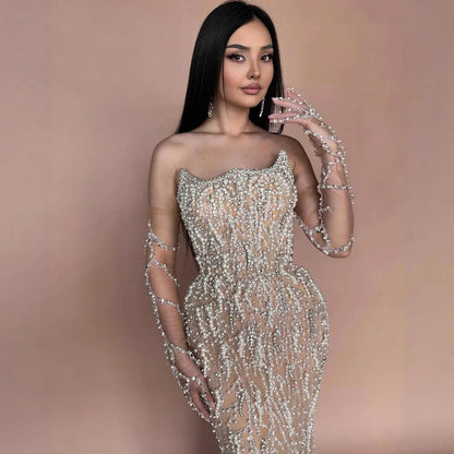 Luxury Nude Strapless Pearl Beaded Mermaid Evening Gown with Gloves LA72345C