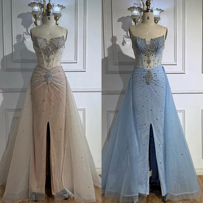 Luxury White Nude Beaded Evening Dress with Overskirt LA73107