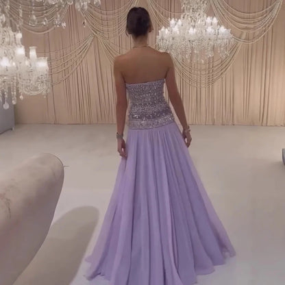 Lilac Strapless Beaded A Line Arabic Evening Dress LA73044