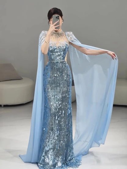 Luxury Dubai Blue Mermaid Evening Dress with Cape LA73419