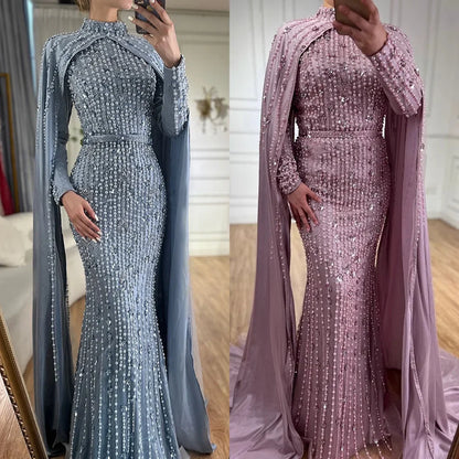 Modest Blue Muslim Beaded Evening Gown with Cape Sleeves LA72533