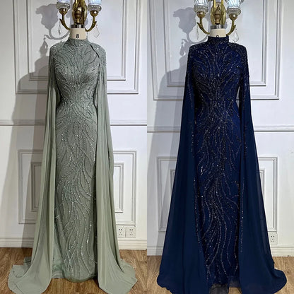 Modest Muslim Sage Green Evening Dress with Cape Long Sleeves LA72413A