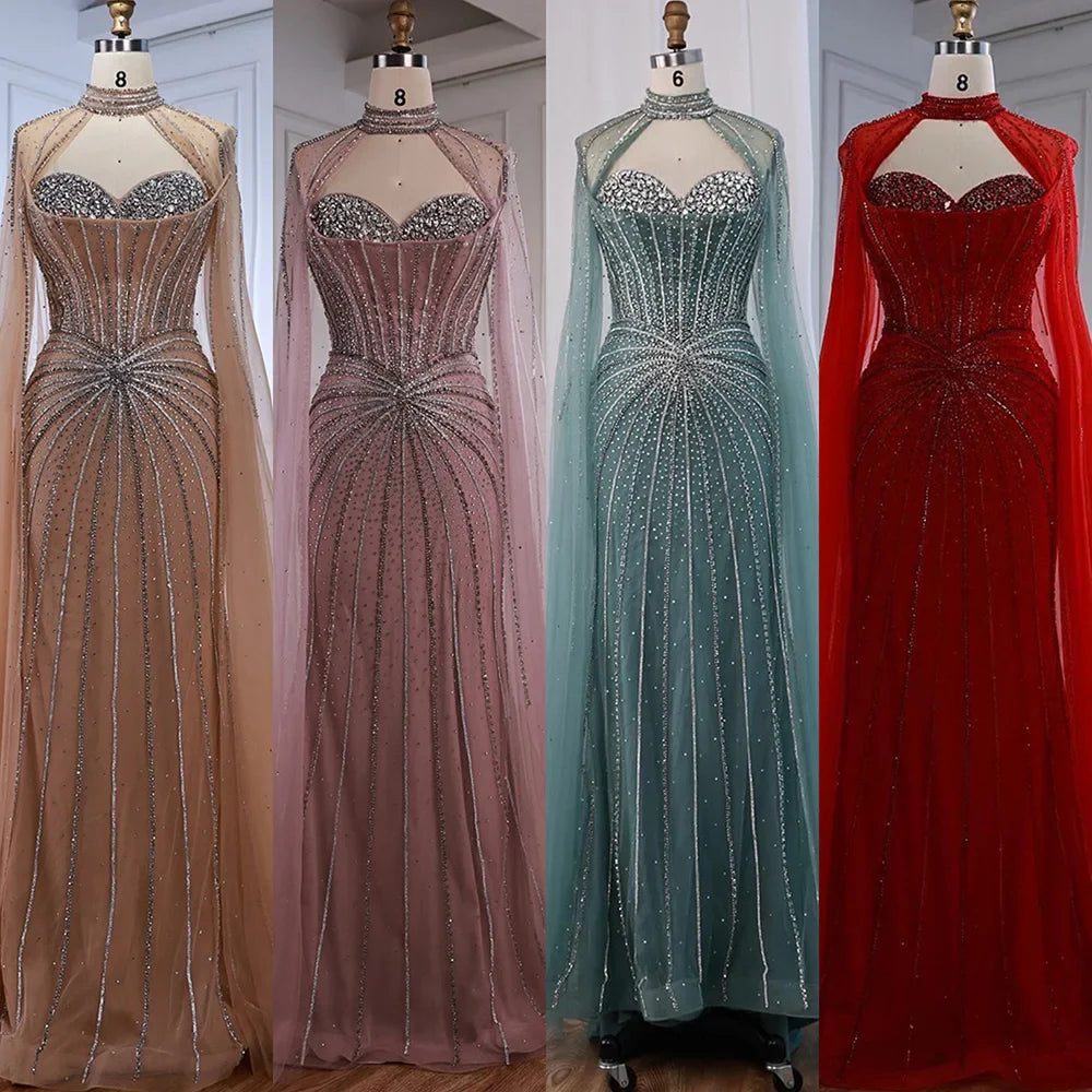 Nude Luxury Beaded Mermaid Evening Gown with Cape Sleeves LA72811A