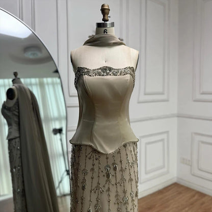 Luxury Caramel Satin Beaded Evening Dress with Corset Bodice LA72805C