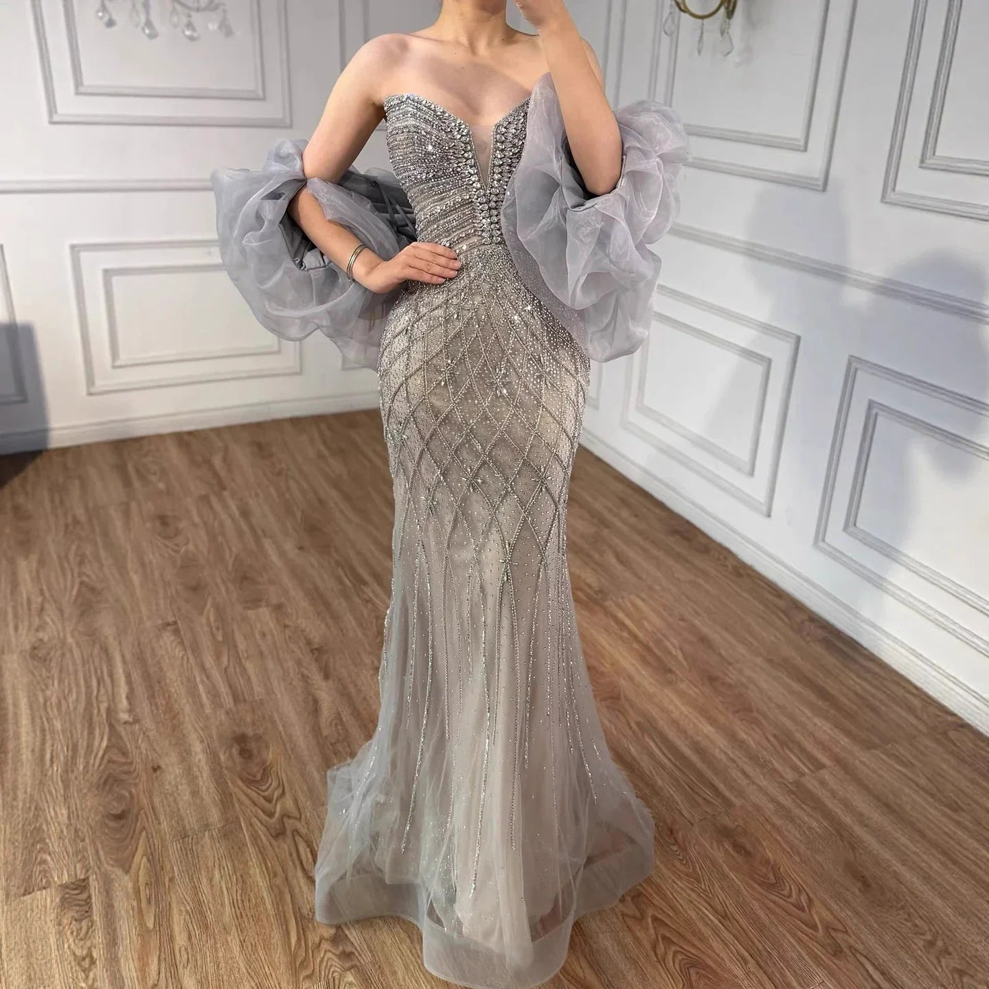 Serene Hill Beaded Gray Diamond Evening Dress With Cape LA73411