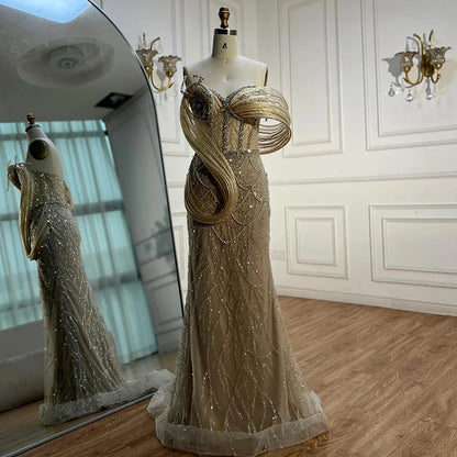 Pink One-Shoulder Luxury Beaded Cut Out Mermaid Evening Dress LA72455