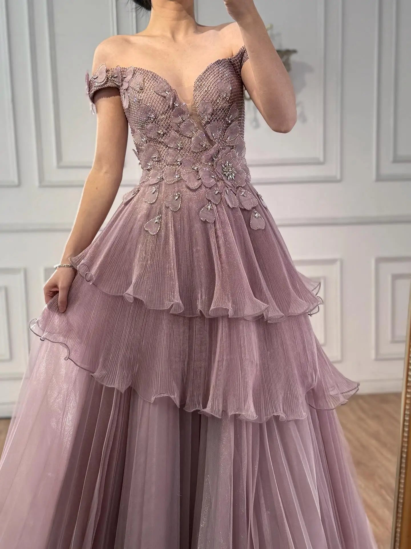 Luxury Pink Dreamy Ruffles Beaded A-Line Evening Dress LA73385