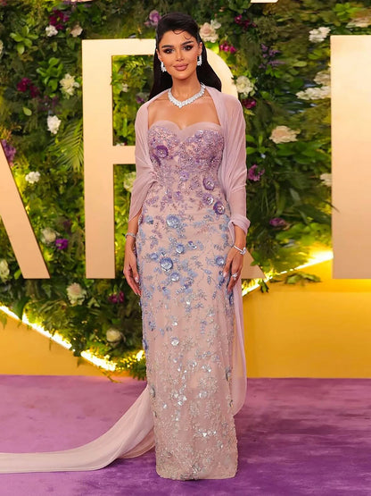 Luxury Lilac 3D Flower Evening Dress with Cape LA73345