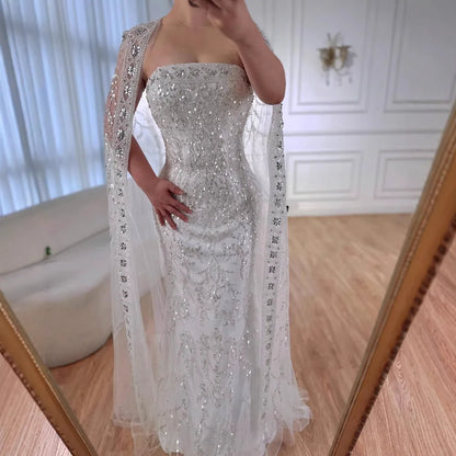 Luxury White Dubai Arabia Beading  Evening Dress With Cape LA72870
