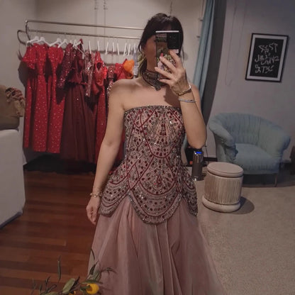 Luxury Wine Red Arabic Beaded A-Line Evening Dress LA73377