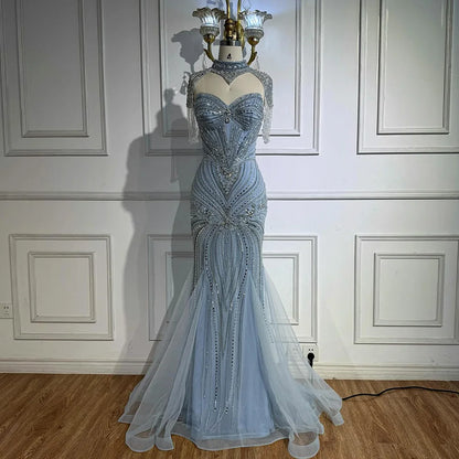 Luxury Nude Beaded High Neck Mermaid Evening Dress LA72897
