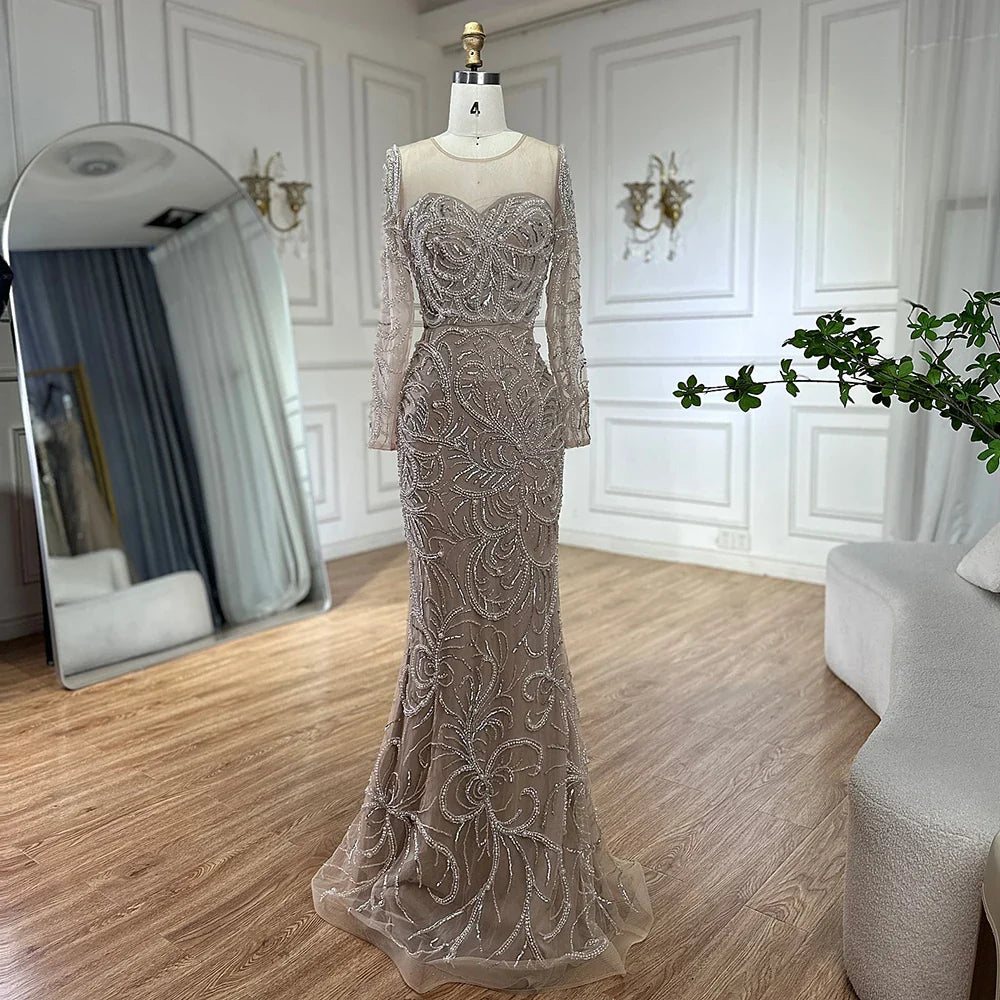 Luxury Dubai  Nude Mermaid Luxury Pearls Beaded Arabic Evening Gowns for Formal Occasion Dress LA72648