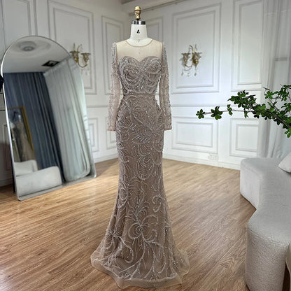 Luxury Dubai  Nude Mermaid Luxury Pearls Beaded Arabic Evening Gowns for Formal Occasion Dress LA72648