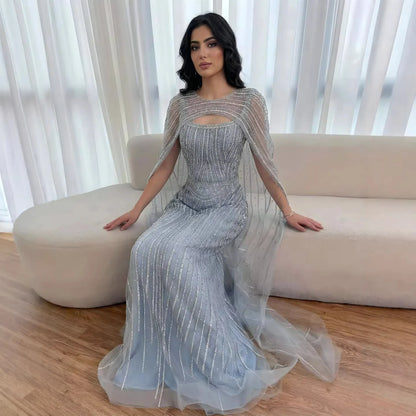Luxury Blue Diamond Evening Dress With Cape LA73426