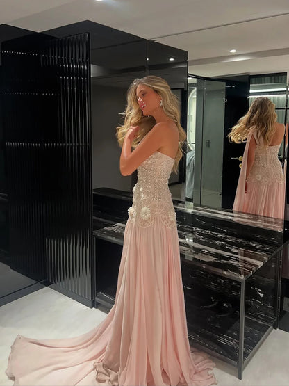 Luxury Pink Arabic Floral Evening Dress With Cape LA73451
