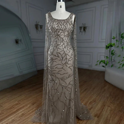Caramel Mermaid Beaded Evening Dress with Cape Sleeves LA72149