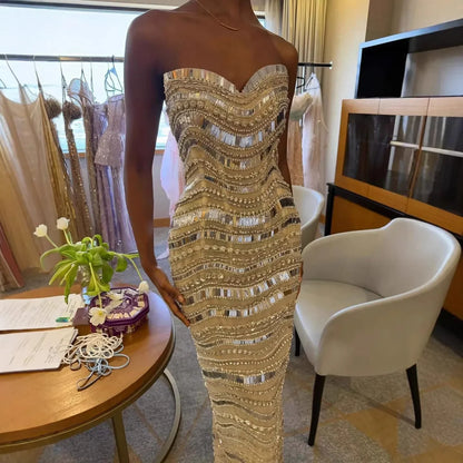 Luxury Silver Nude Beaded Mermaid Evening Dress LA73449