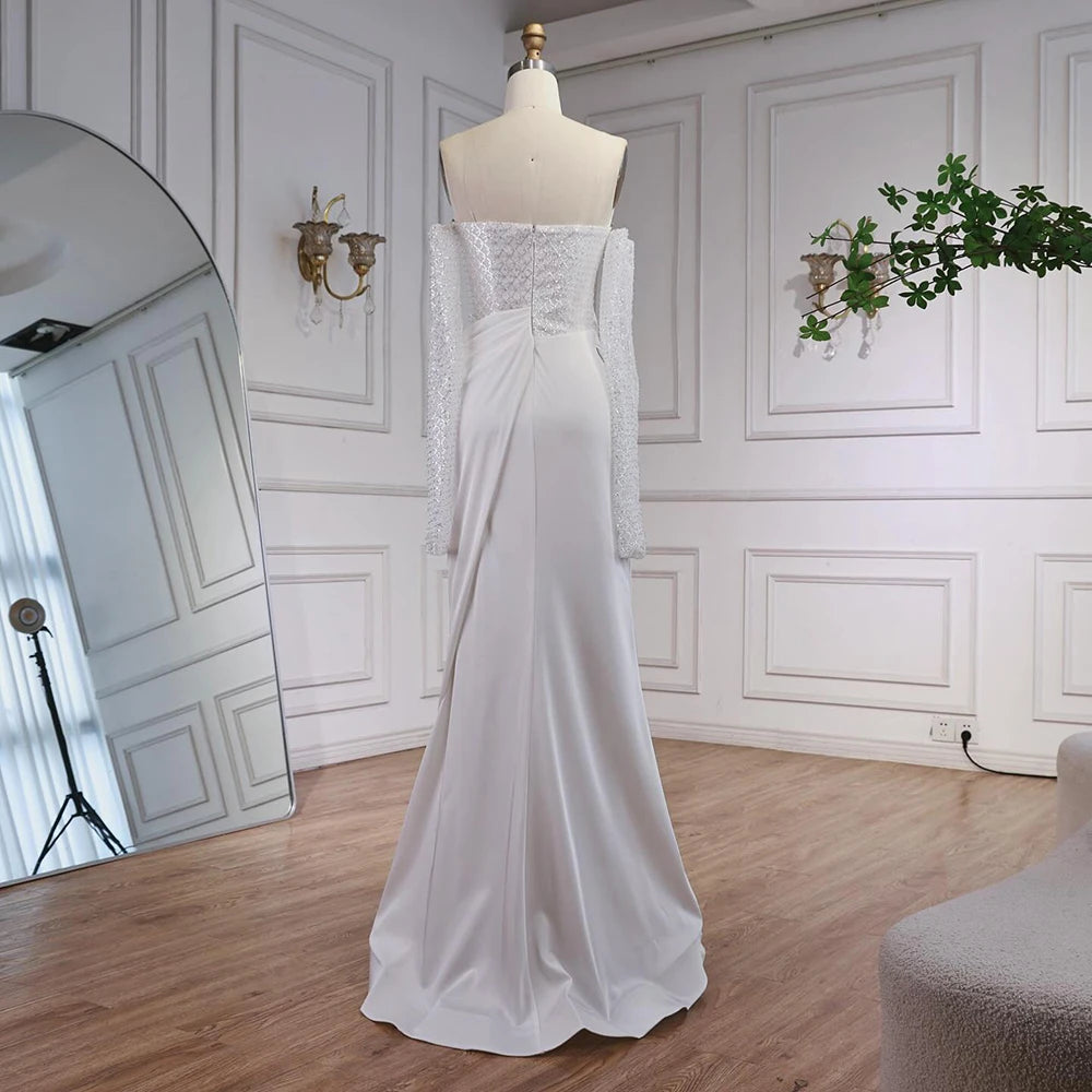 White   Beaded Evening Dress with Detachable Sleeves LA72293A