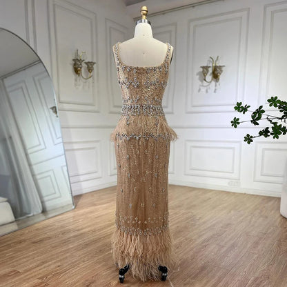 Bling Gray Mermaid Feather Arabic Midi  Evening Dress with Cape LA72334