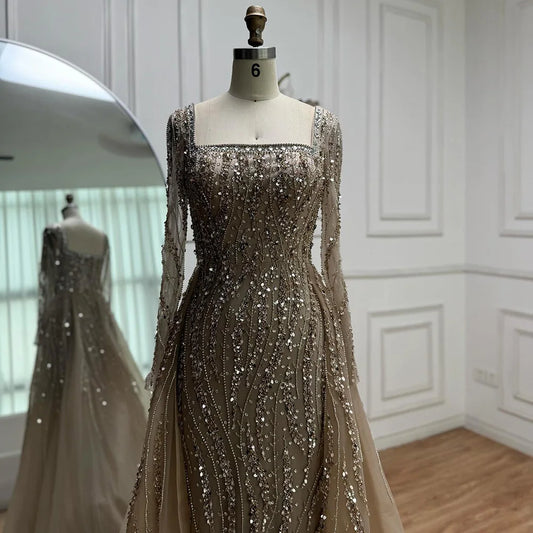 Luxury Arabic Caramel Beaded Mermaid Evening Dress with Overskirt LA72710A