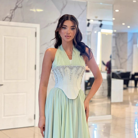 Luxury Designer Sage Green Chiffon Halter Beaded   Evening Dress LA73074